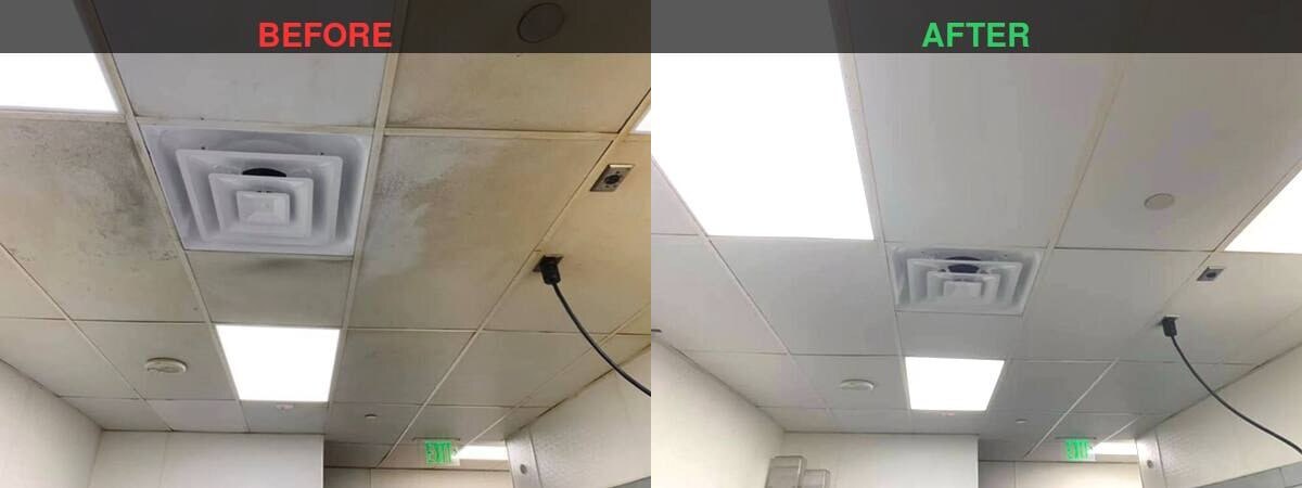 Restaurant ceiling tiles and diffuser before and after